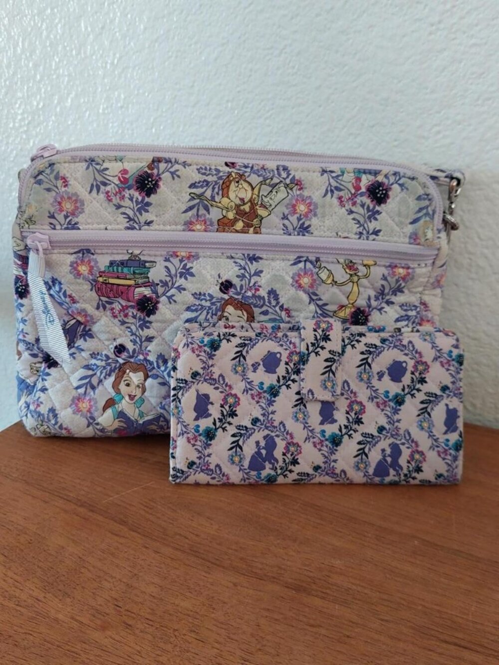 Vera Bradley x Disney triple compartment crossbody bag features the "Belle Flora